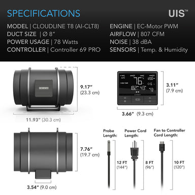 AC Infinity CLOUDLINE PRO T8, Quiet Inline Duct Fan System with Temperature Humidity VPD Controller, 8-Inch SPECIFICATIONS