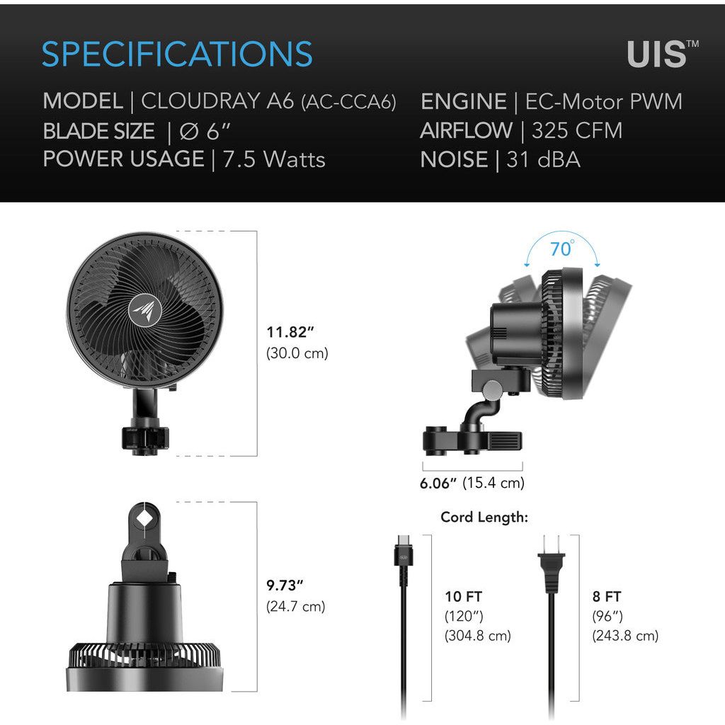 AC Infinity CLOUDRAY A6, Gen 2 Grow Tent Clip Fan 6” with Long-Life EC Motor, 10-Level Dynamic Wind Modes &amp; Fan Speeds SPECIFICATIONS