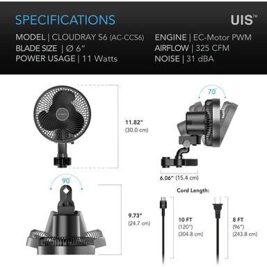 AC Infinity CLOUDRAY S6, Gen 2 Grow Tent Clip Fan 6” with Long-Life EC Motor, 10-Level Dynamic Wind Modes & Fan Speeds, 10-Level Auto Oscillation SPECIFICATIONS