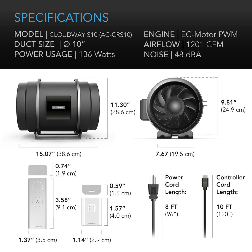 AC Infinity CLOUDWAY S10, Whole House EC Fan, 1200 CFM, Energy Efficient with Wireless Controller SPECIFICATIONS