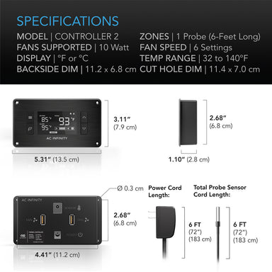 AC Infinity CONTROLLER 2, Intelligent Thermal Fan Controller, Single Zone SPECIFICATIONS