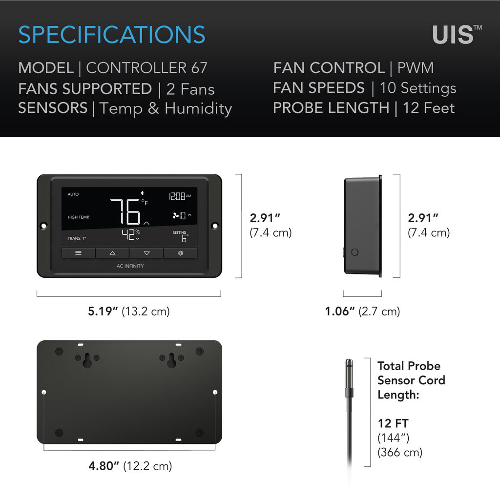 AC Infinity CONTROLLER 67, Temperature and Humidity Fan Controller, with Scheduling, Cycles, Dynamic Speed, Data App SPECIFICATIONS