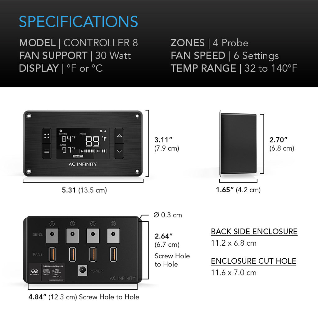 AC Infinity CONTROLLER 8, Intelligent Thermal Fan Controller, Multiple Zones SPECIFICATIONS