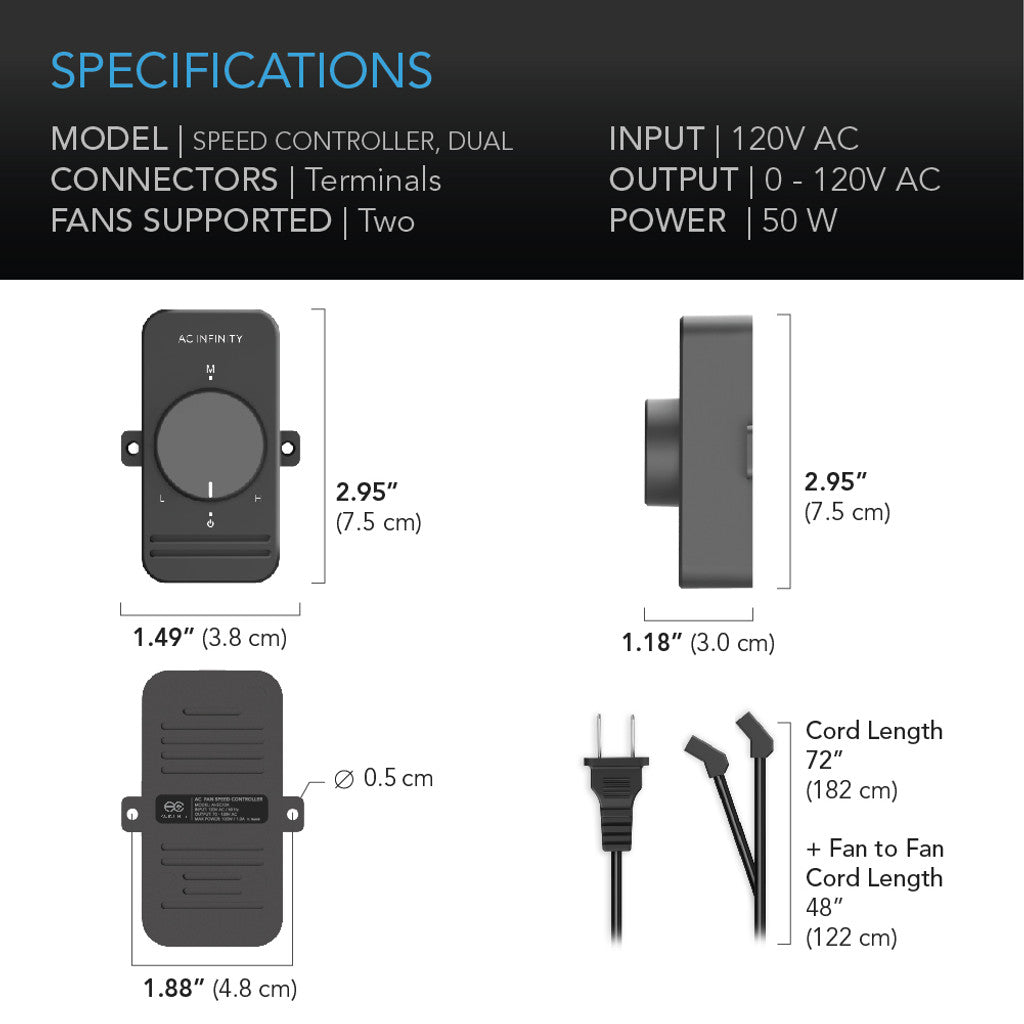 AC Infinity Fan Speed Controller for AC Axial Muffin Fans, Dual SPECIFICATIONS