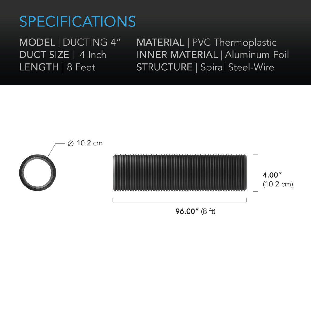 AC Infinity Flexible Four-Layer Ducting, 8-Ft Long, 4-Inch SPECIFICATIONS