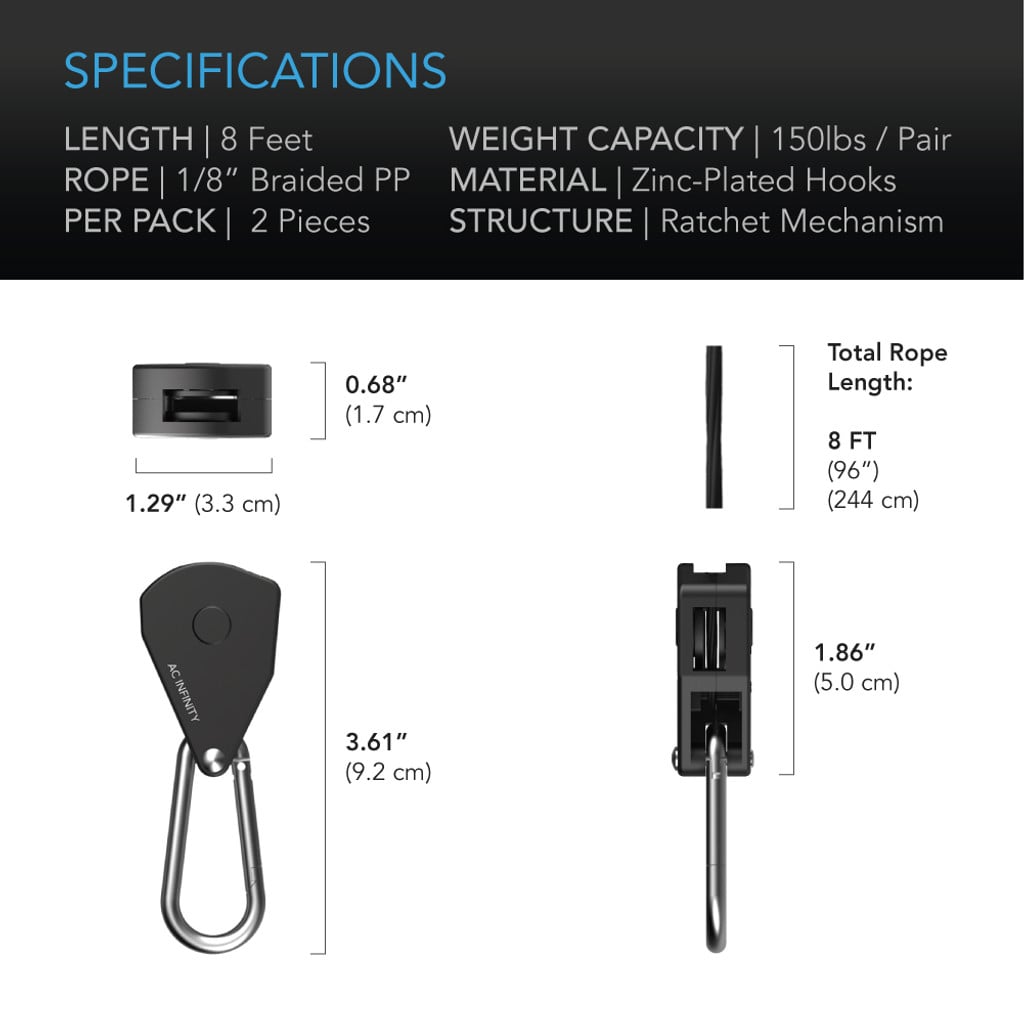 AC Infinity Heavy-Duty Adjustable Rope Clip Hanger, One Pair SPECIFICATIONS