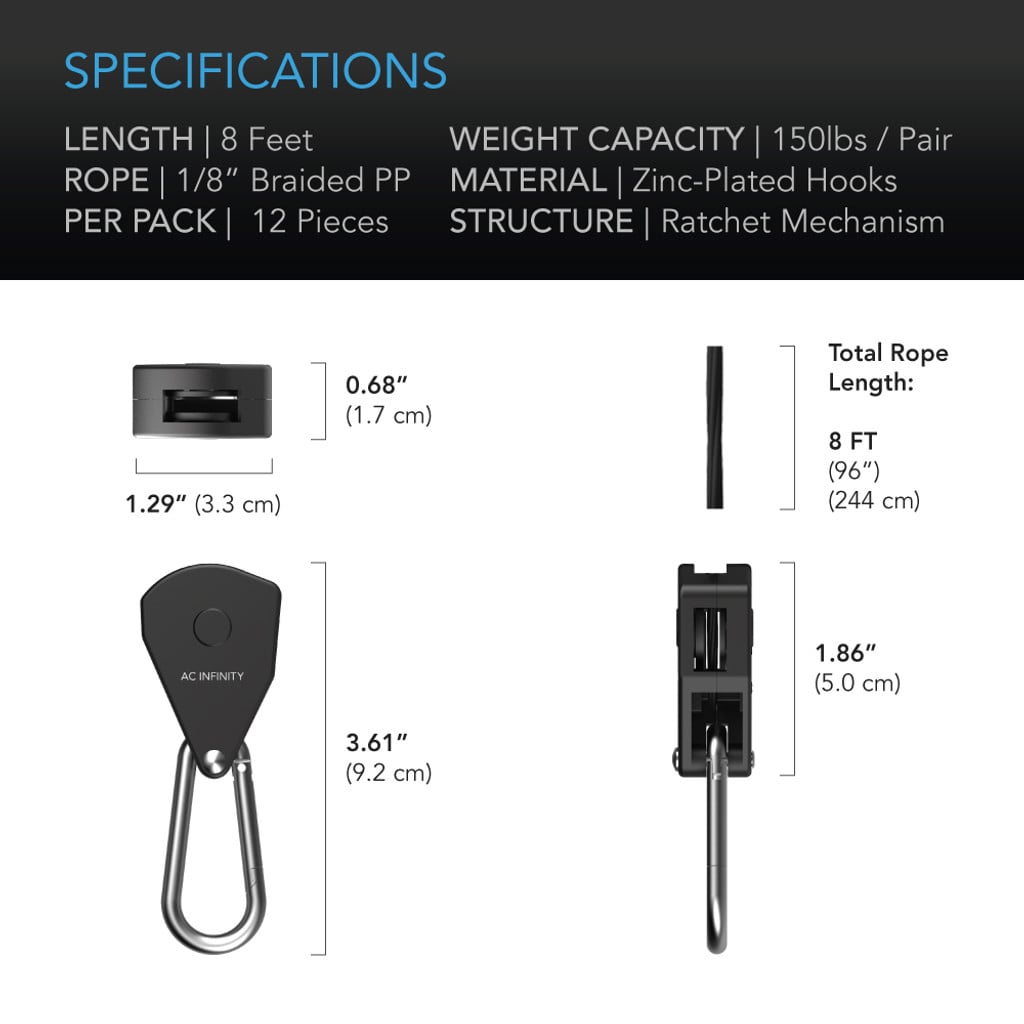 AC Infinity Heavy-Duty Adjustable Rope Clip Hanger, Six Pairs SPECIFICATIONS