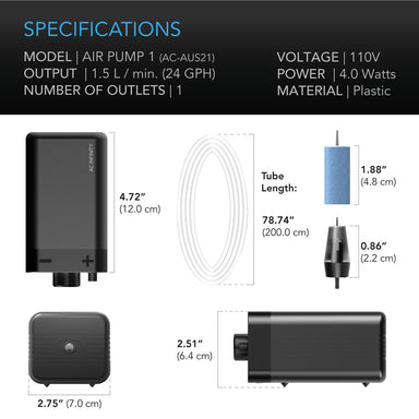 AC Infinity Hydroponics Air Pump, One-Outlet Pumping Kit, 24 GPH (1.5 LM) SPECIFICATIONS