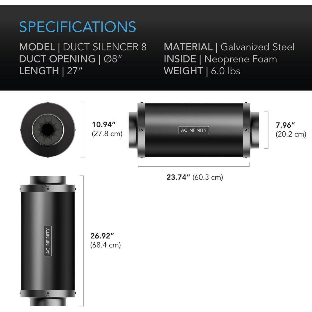 AC Infinity Inline Duct Silencer, 8-Inch SPECIFICATIONS