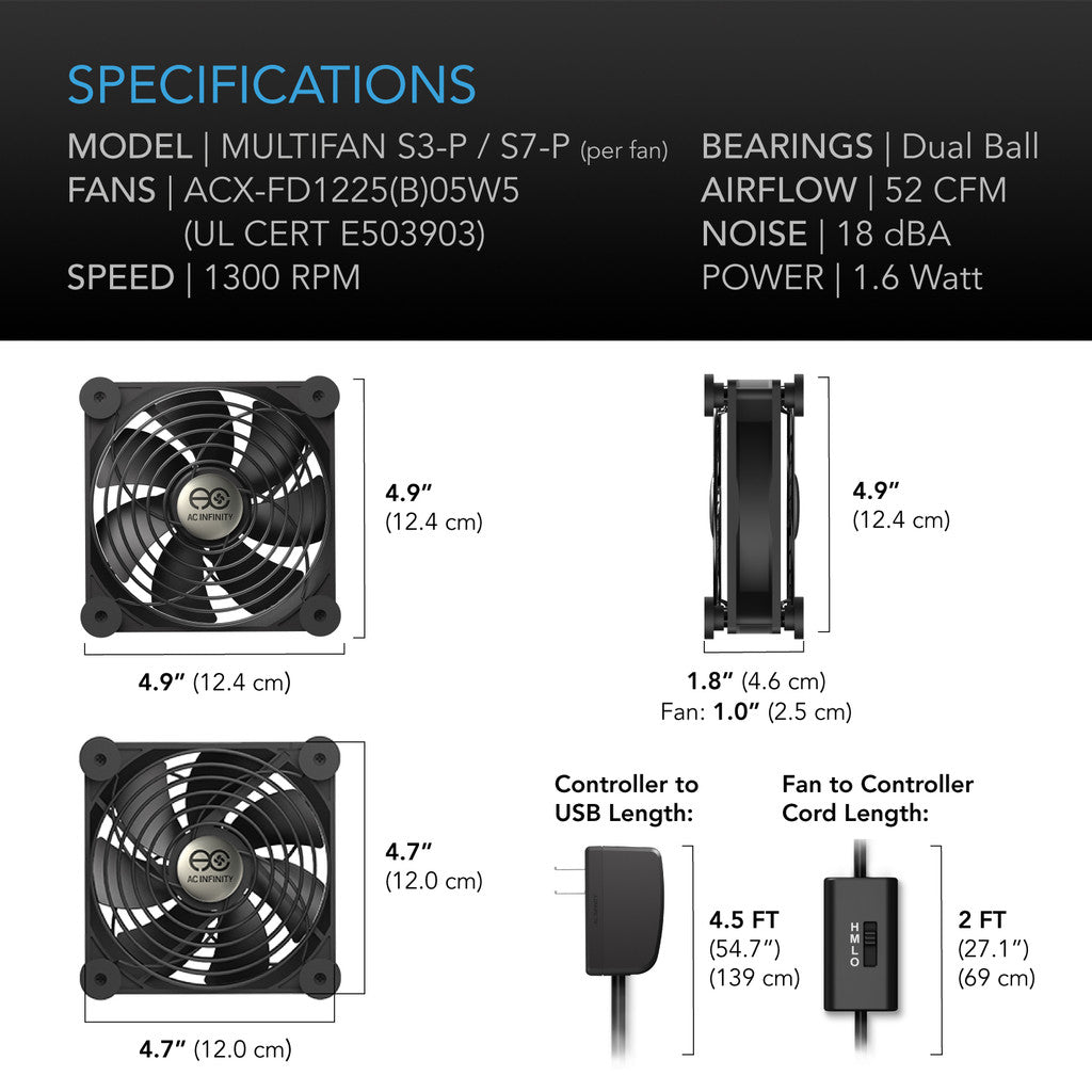 AC Infinity MULTIFAN S3-P, Quiet AC-Powered Cooling Fan, 120mm SPECIFICATIONS