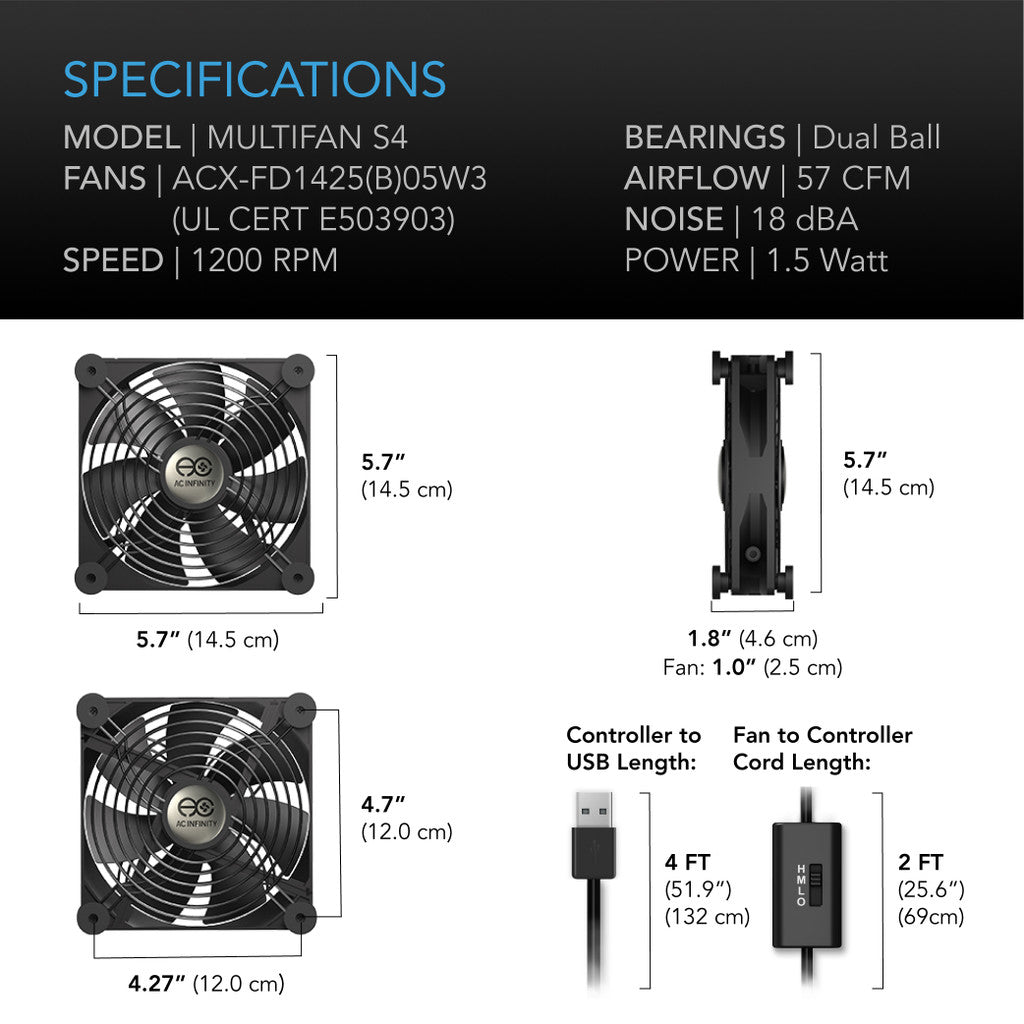 AC Infinity MULTIFAN S4, Quiet USB Cooling Fan, 140mm SPECIFICATIONS