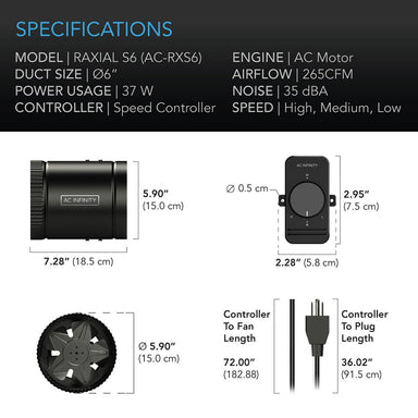 AC Infinity RAXIAL S6, Inline Booster Duct Fan with Speed Controller, 6-Inch SPECIFICATIONS