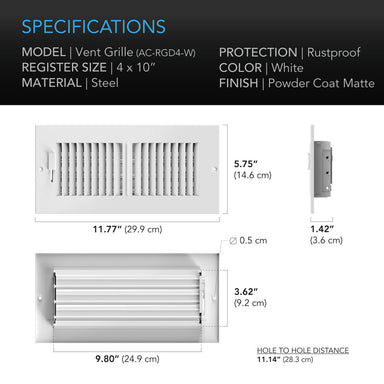 AC Infinity Register Ventilation Grille 4 x 10, White SPECIFICATIONS