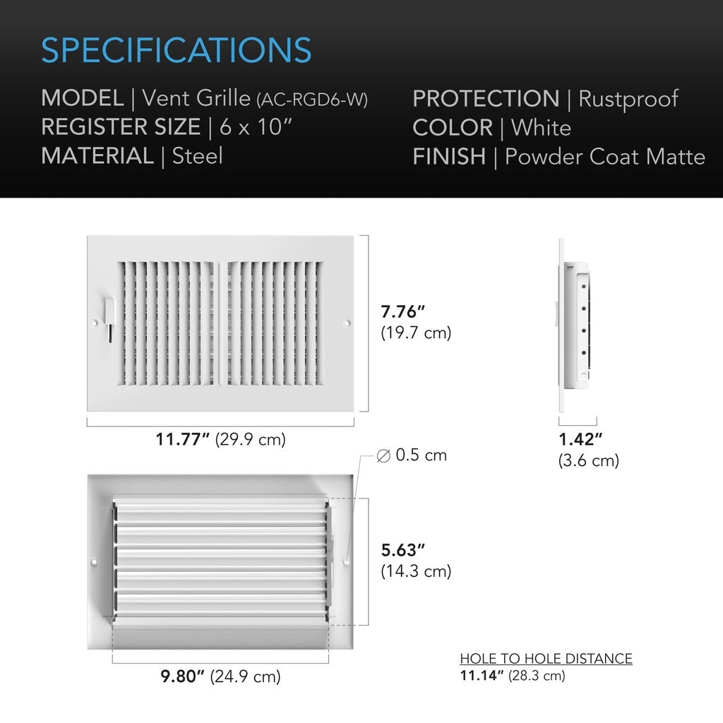 AC Infinity Register Ventilation Grille 6" x 10", White SPECIFICATIONS