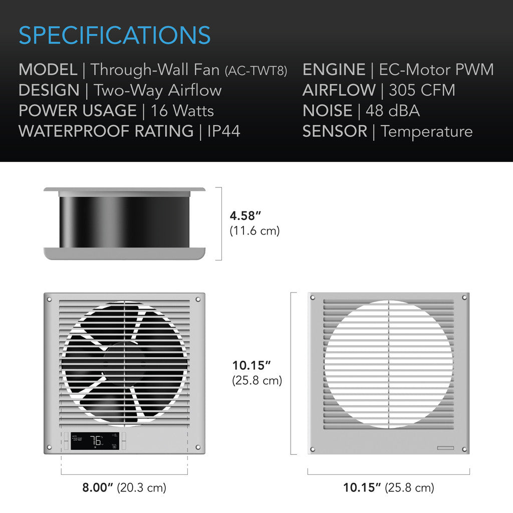 AC Infinity Room to Room Fan, Two-Way Airflow, Temperature Controller, 8-Inch SPECIFICATIONS