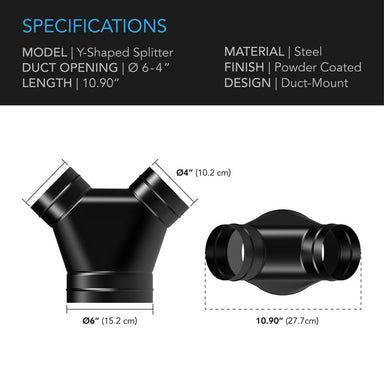 AC Infinity Steel 3-Way Duct Splitter, 6-Inch to 4-InchSPECIFICATIONS