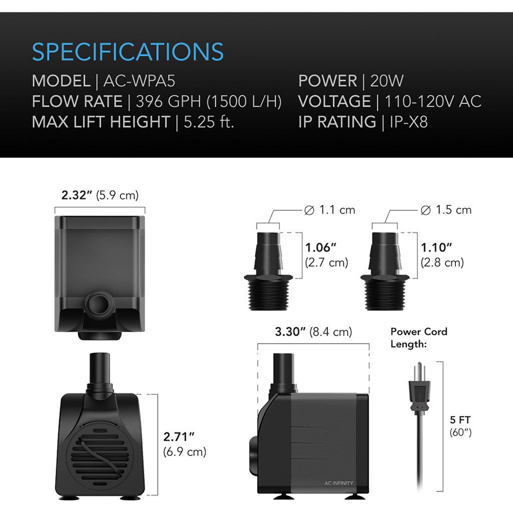 AC Infinity Submersible Water Pump, 5-Feet Lift Height, 396 GPH (1500 LH) SPECIFICATIONS