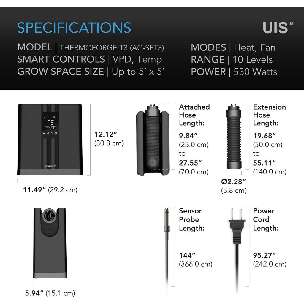 AC Infinity THERMOFORGE T3, Environmental Plant Heater, Smart VPD Controls, True 10 Heat Levels, Tubing Extends into Grow Tent SPECIFICATIONS