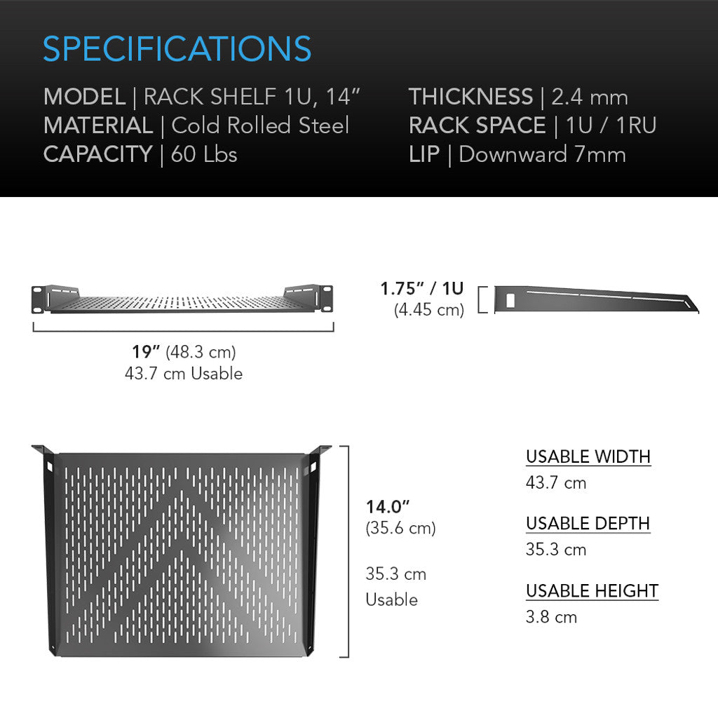 AC Infinity Vented Cantilever 1U Rack Shelf 14 SPECIFICATIONS