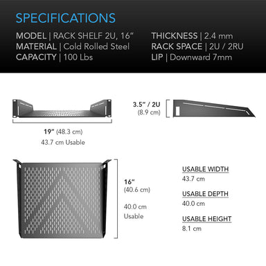 AC Infinity Vented Cantilever 2U Rack Shelf 16SPECIFICATIONS