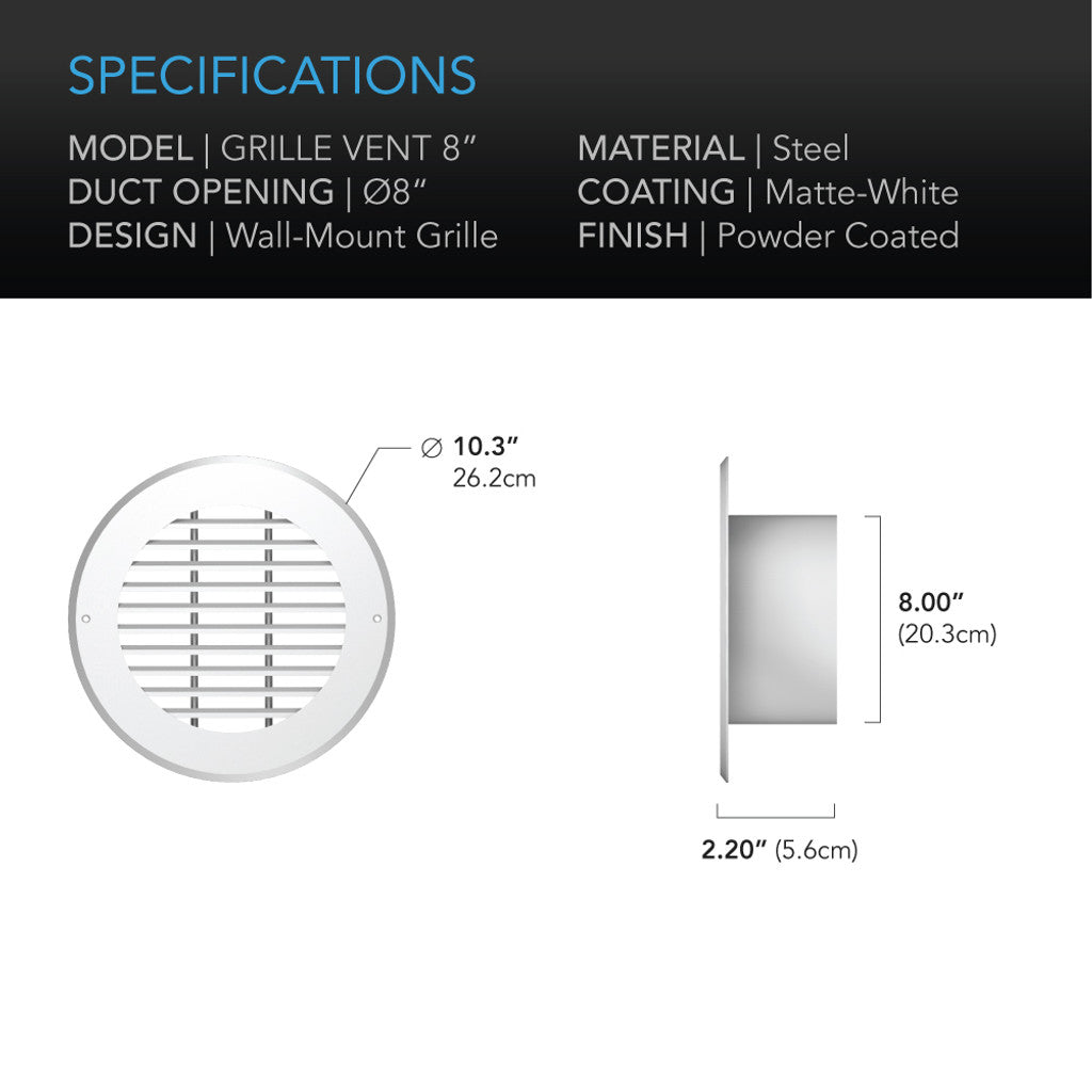 AC Infinity Wall-Mount Duct Grille Vent, White Steel, 8-Inch SPECIFICATIONS