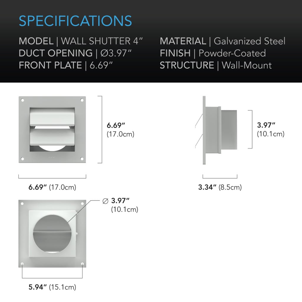 AC Infinity Wall Mount Duct Shutter, 4-Inch, White Steel SPECIFICATIONS