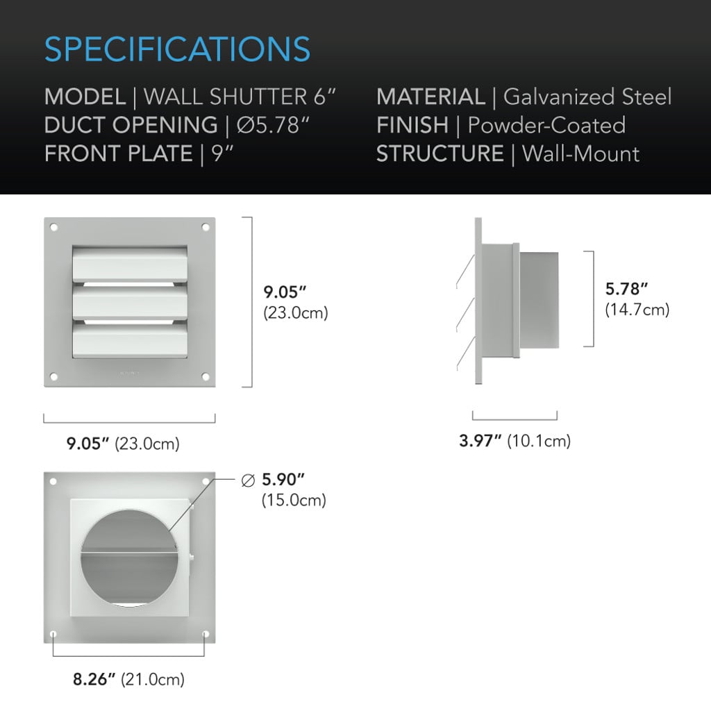 AC Infinity Wall Mount Duct Shutter, 6-Inch, White Steel