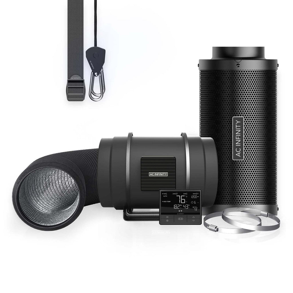 AC infinity Air Filtration Kit PRO 8, Inline Fan with Smart Controller, Carbon Filter & Ducting Combo FRONT SIDE WITH ACCESSORIES