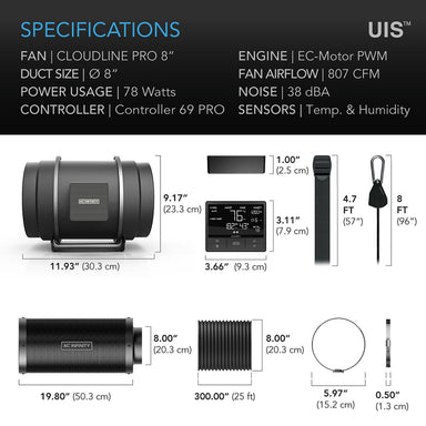 AC infinity Air Filtration Kit PRO 8, Inline Fan with Smart Controller, Carbon Filter & Ducting Combo SPECIFICATIONS