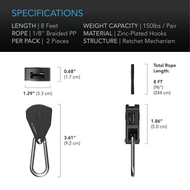 AC infinity Heavy-Duty Adjustable Rope Clip Hanger, Two Pairs SPECIFICATIONS