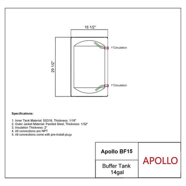 APOLLO BF15 - Stainless Buffer Tank - 14gal WITH SIZES