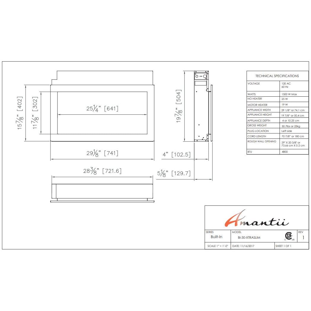 Amantii Panorama 30 inch Extra Slim Built-in Indoor/Outdoor Linear Electric Fireplace DETAILS