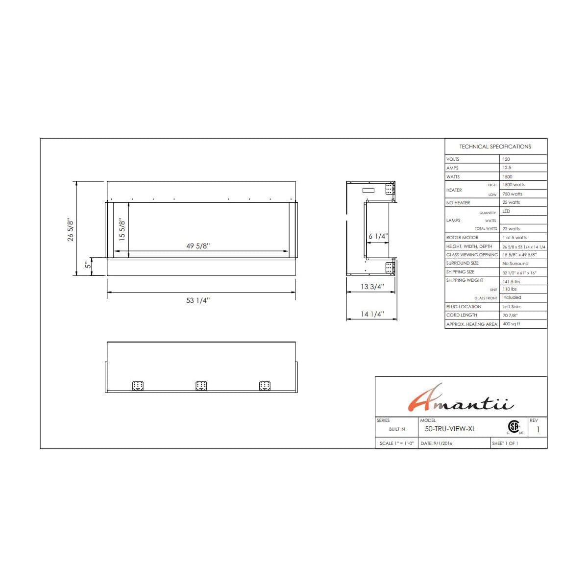 Amantii Panorama Tru View 50-inch 3-Sided View Built In Indoor/Outdoor Electric Fireplace
