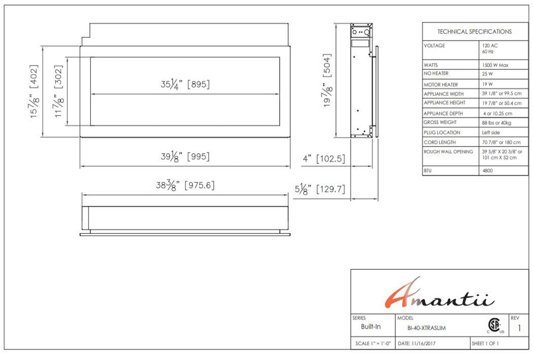 Open Box Amantii Panorama 40 inch Extra Slim Built-in Indoor/Outdoor Linear Electric Fireplace