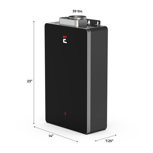 ECCOTEMP SmartHome 6.8 GPM Indoor Natural Gas Tankless Water Heater, SH22 Series FRONT AND SIDE VIEW WITH SIZES