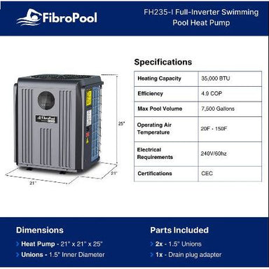 Fibro Poool FH235-i 35,000 BTU Full Inverter Heat Pump DETAILS