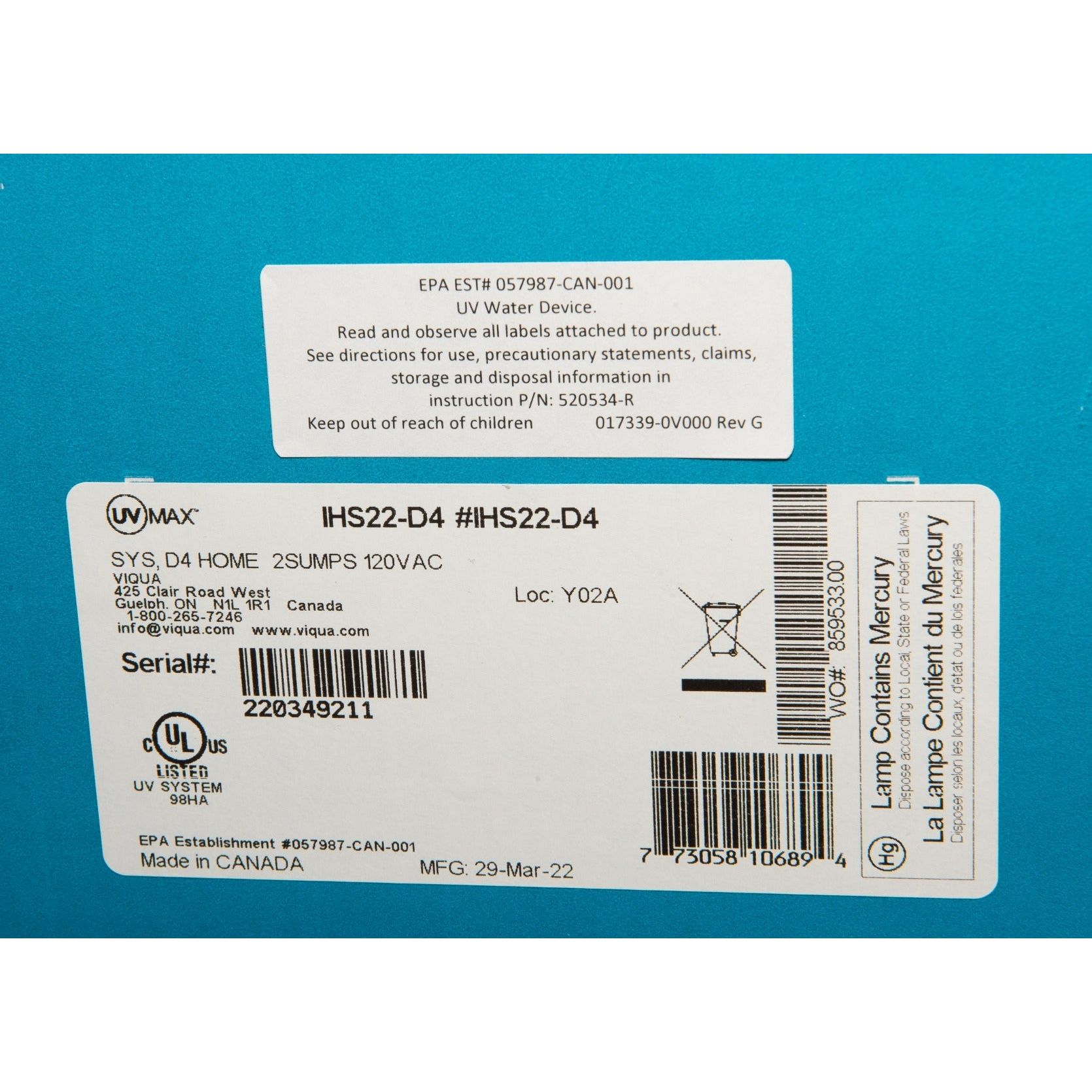 IHS22-D4 Home Plus UltraViolet Water Disinfection System by Viqua LABEL