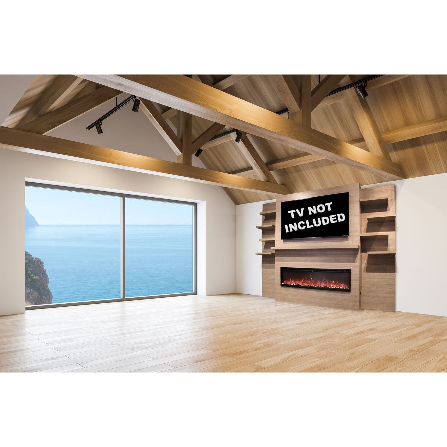 Modern Flames Allwood Wall System in Coastal Sand  60'' Spectrum Slimline Electric FireplaceSAMPLE PHOTO