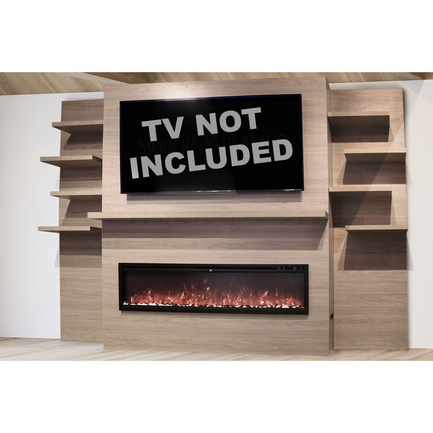 Modern Flames Allwood Wall System in Coastal Sand  60'' Spectrum Slimline Electric FireplaceSAMPLE PHOTO