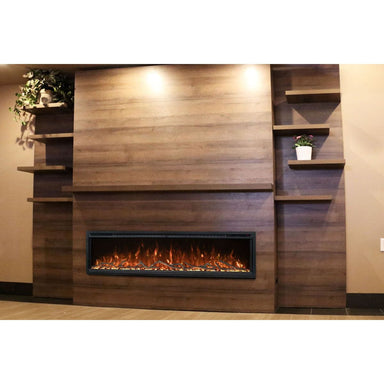 Modern Flames Allwood Wall System in Weathered Walnut | 60'' Spectrum Slimline Electric Fireplace SAMPLE PHOTO