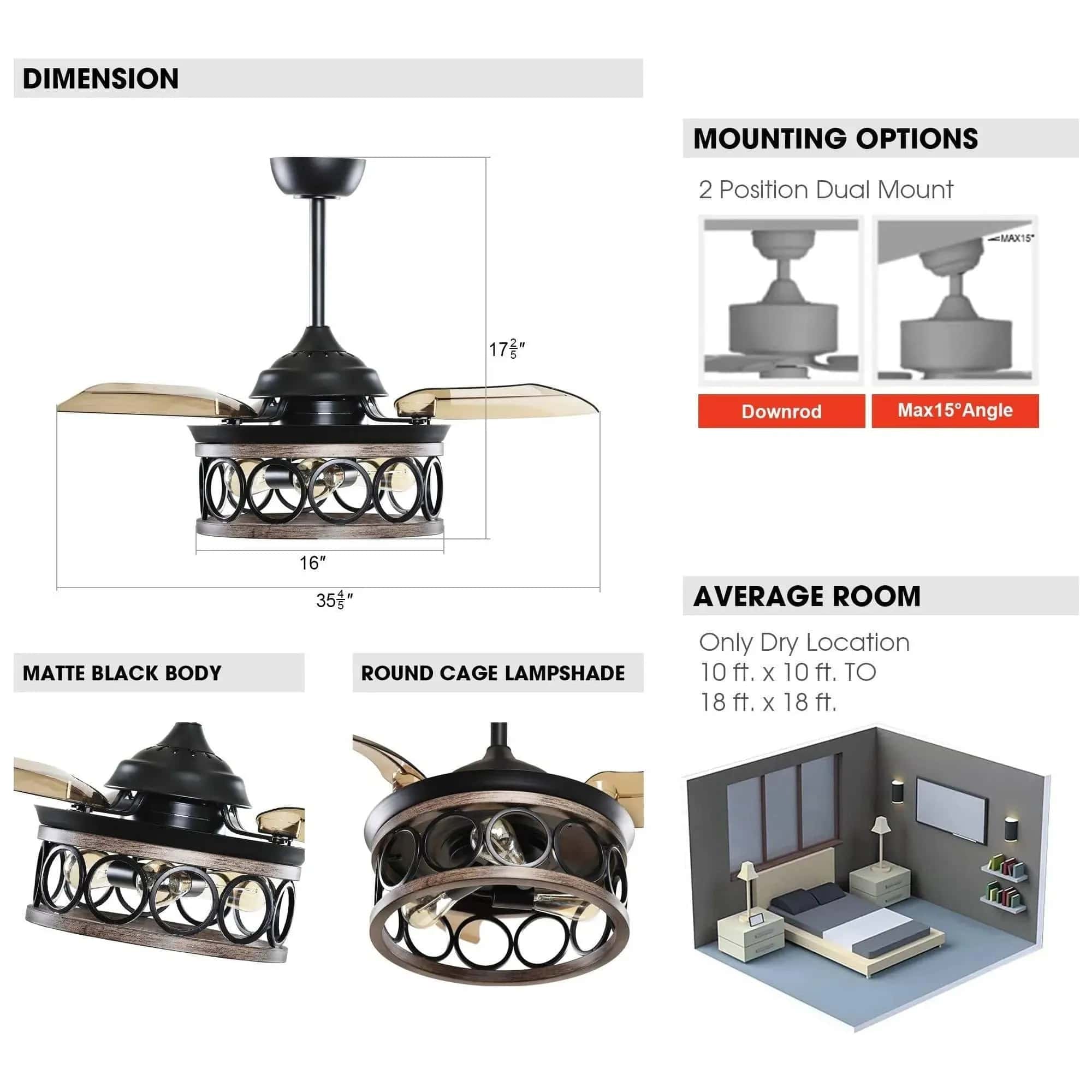 Parrot Uncle 36 In. Mirelle Farmhouse Ceiling Fan with Lighting and Remote Control