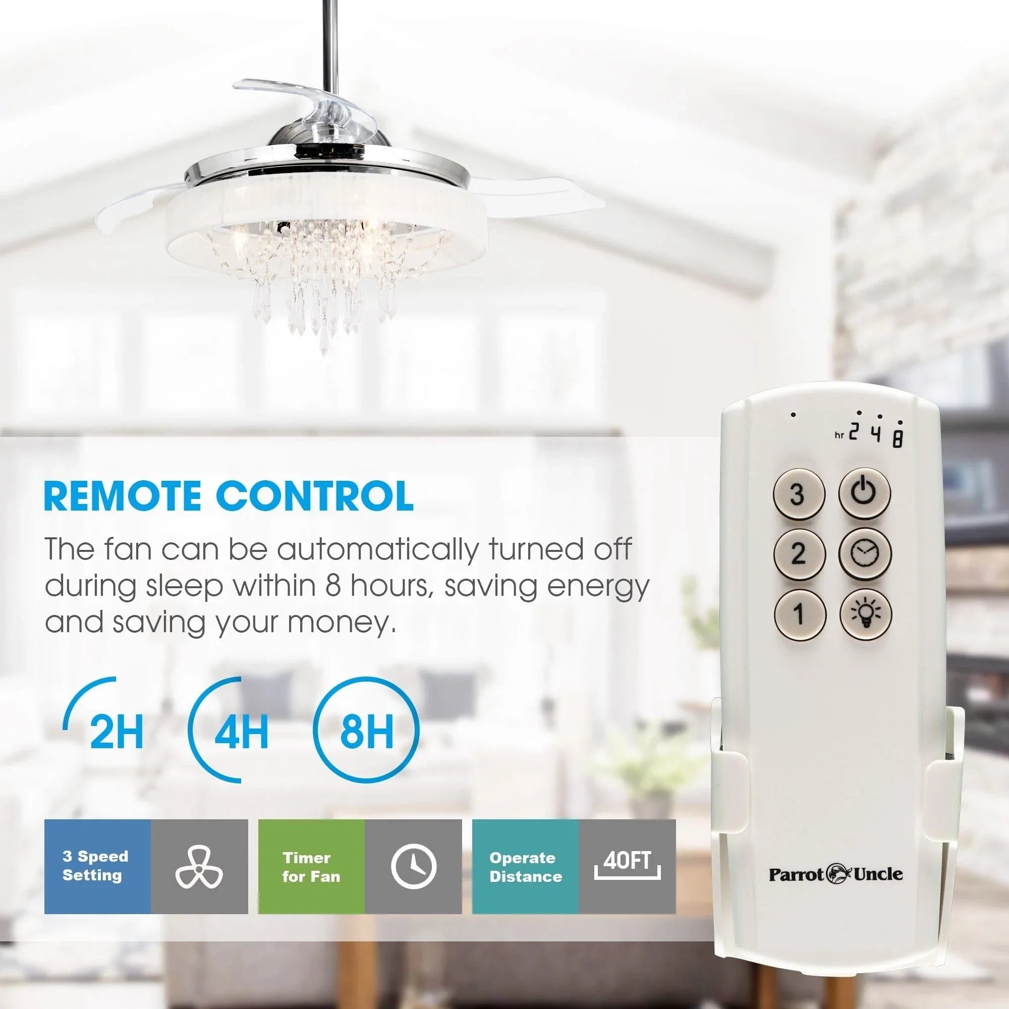 Parrot Uncle 42 In. Modern Crystal Ceiling Fan with Lighting and Remote Control