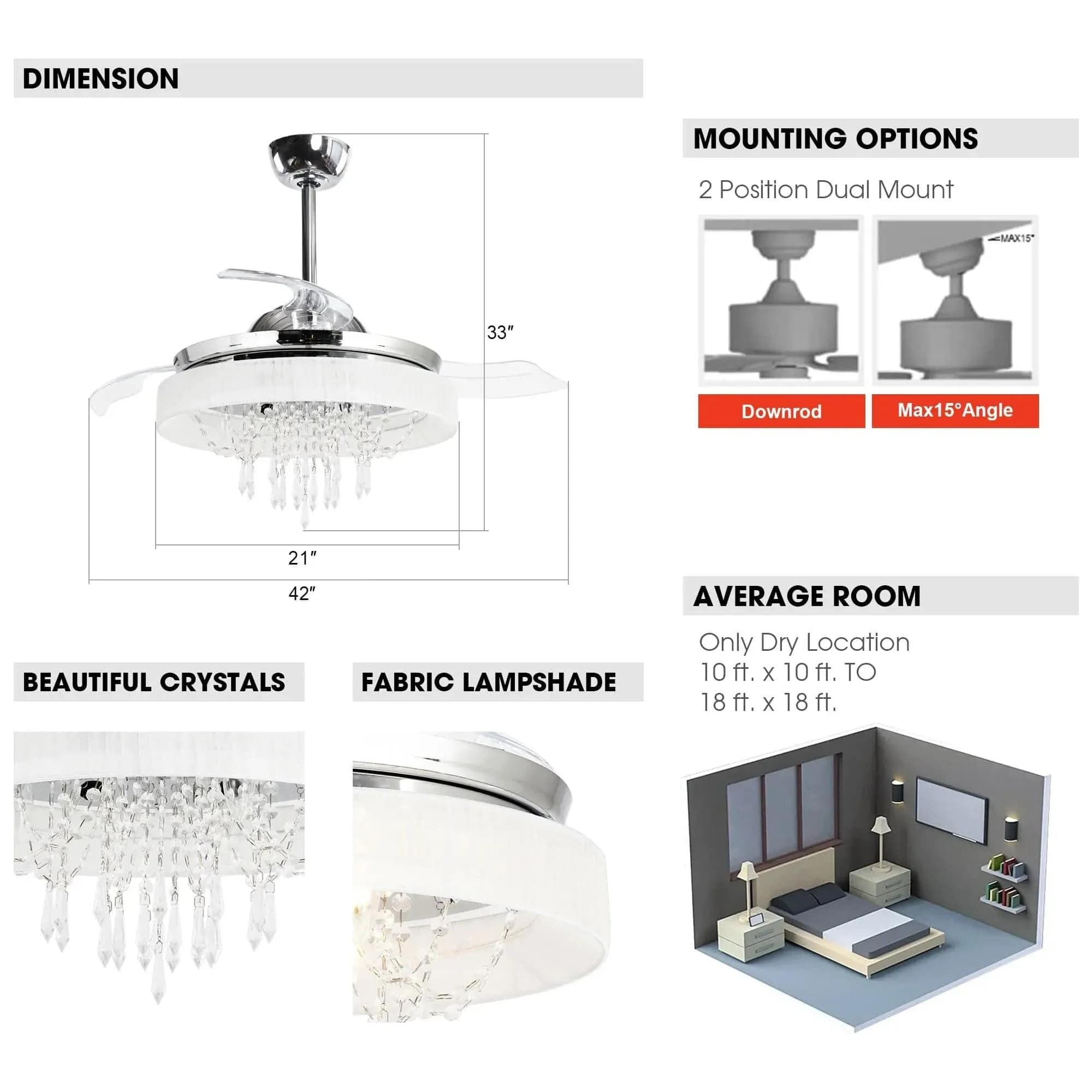 Parrot Uncle 42 In. Modern Crystal Ceiling Fan with Lighting and Remote Control