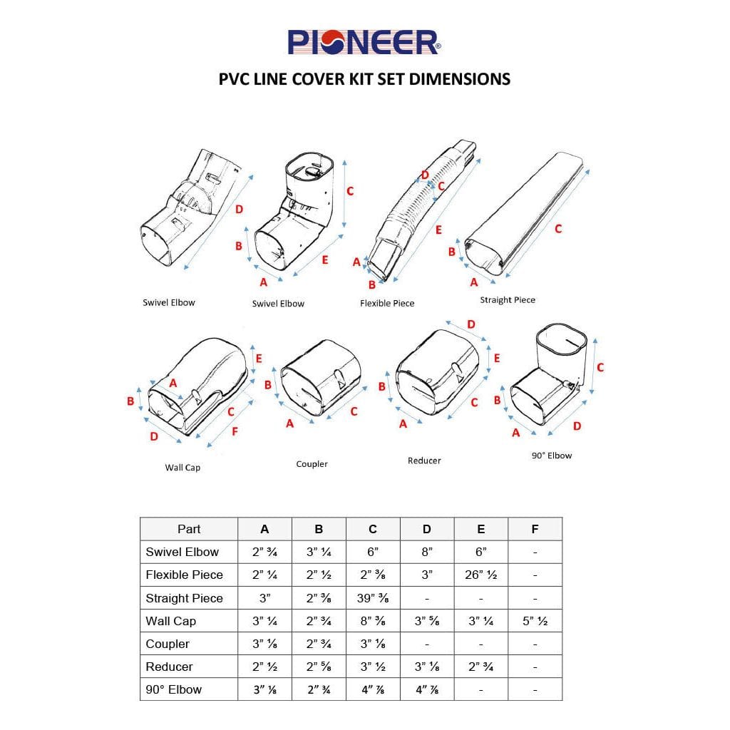 Pioneer Decorative PVC Line Cover Kit for Mini Split Air Conditioners & Heat Pumps DIMENSIONS