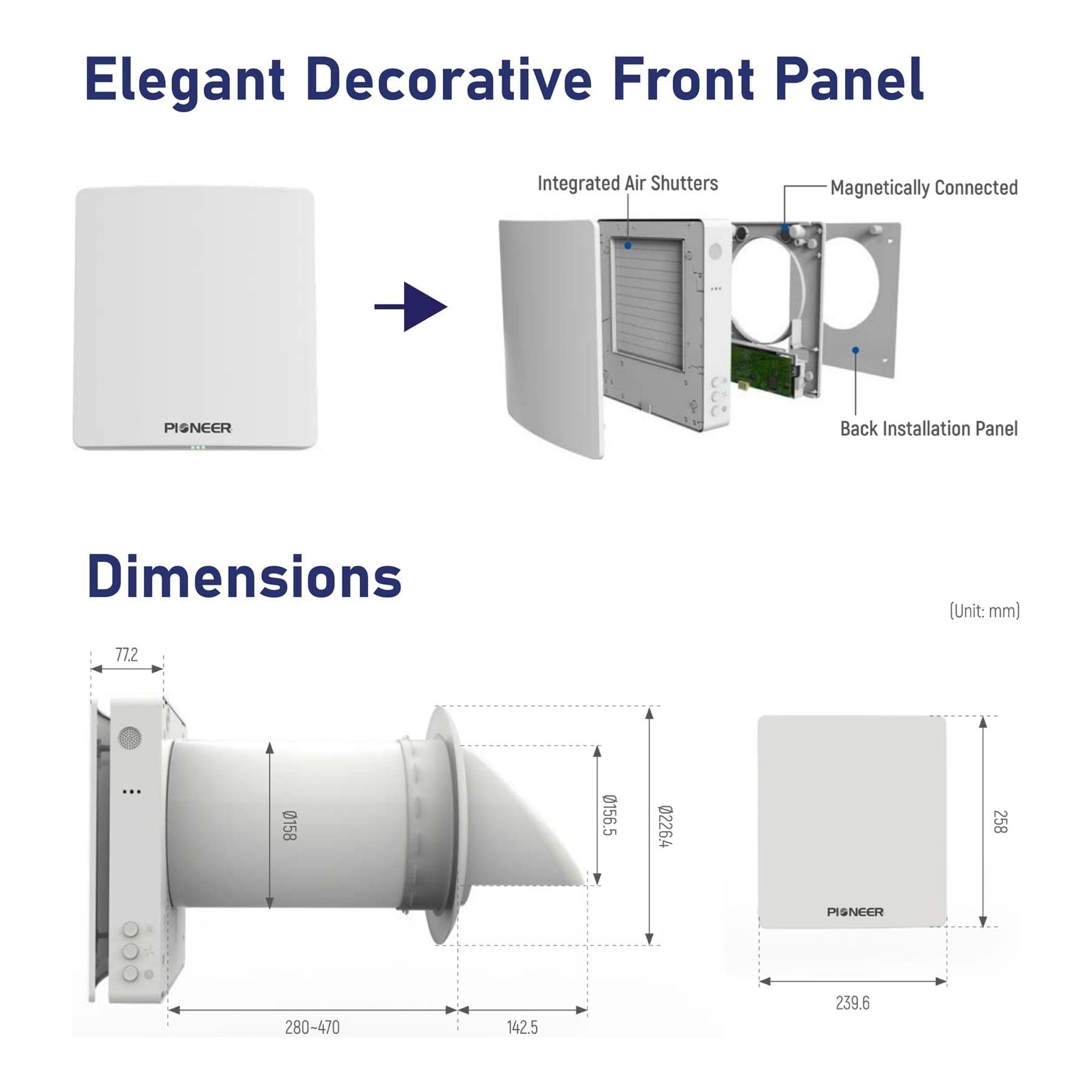 Pioneer® ECOasis 50 Ductless Wall-Mounted Single-Room Wi-Fi Energy Recovery Ventilator (ERV050AHRMCO2L) DIMENSIONS