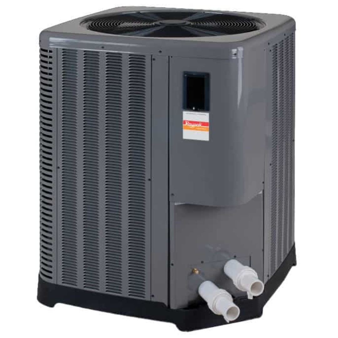 Raypak 103K BTU Digital Classic Heat Pump with Titanium Heat Exchanger, 17K Gal, TWPH-5450EHT08 FRONT AND SIDE VIEW