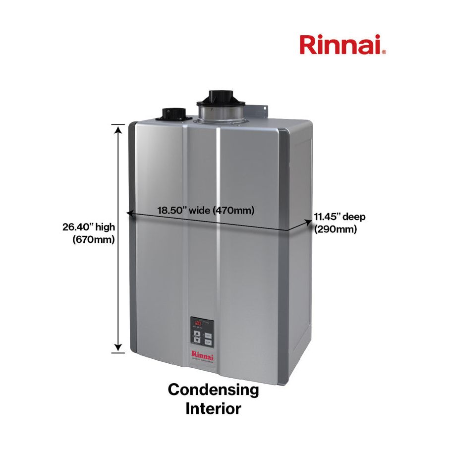 Rinnai SE+ Series with Smart-Circ™ 9 GPM Indoor Condensing Tankless Water Heater with Recirculation (RSC160I) SIZES