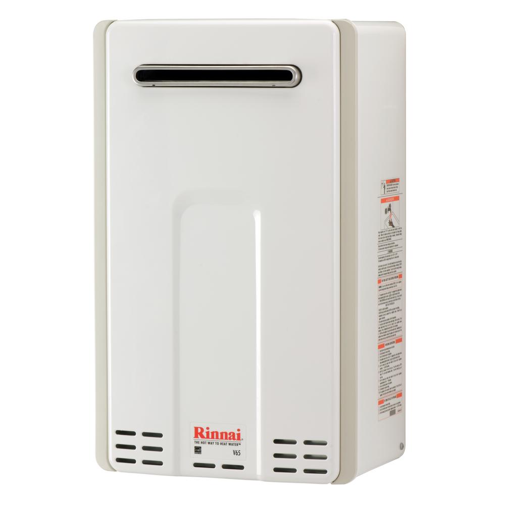Rinnai High Efficiency Residential 150,000 BTU Natural Gas Exterior Tankless Water Heater, V65eN FRONT AND SIDE VIEW