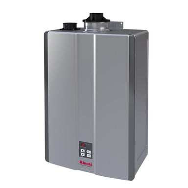 Rinnai High Efficiency Residential 199,000 BTU Natural Gas Interior Tankless Water Heater, RU199iN FRONT AND SIDE VIEW