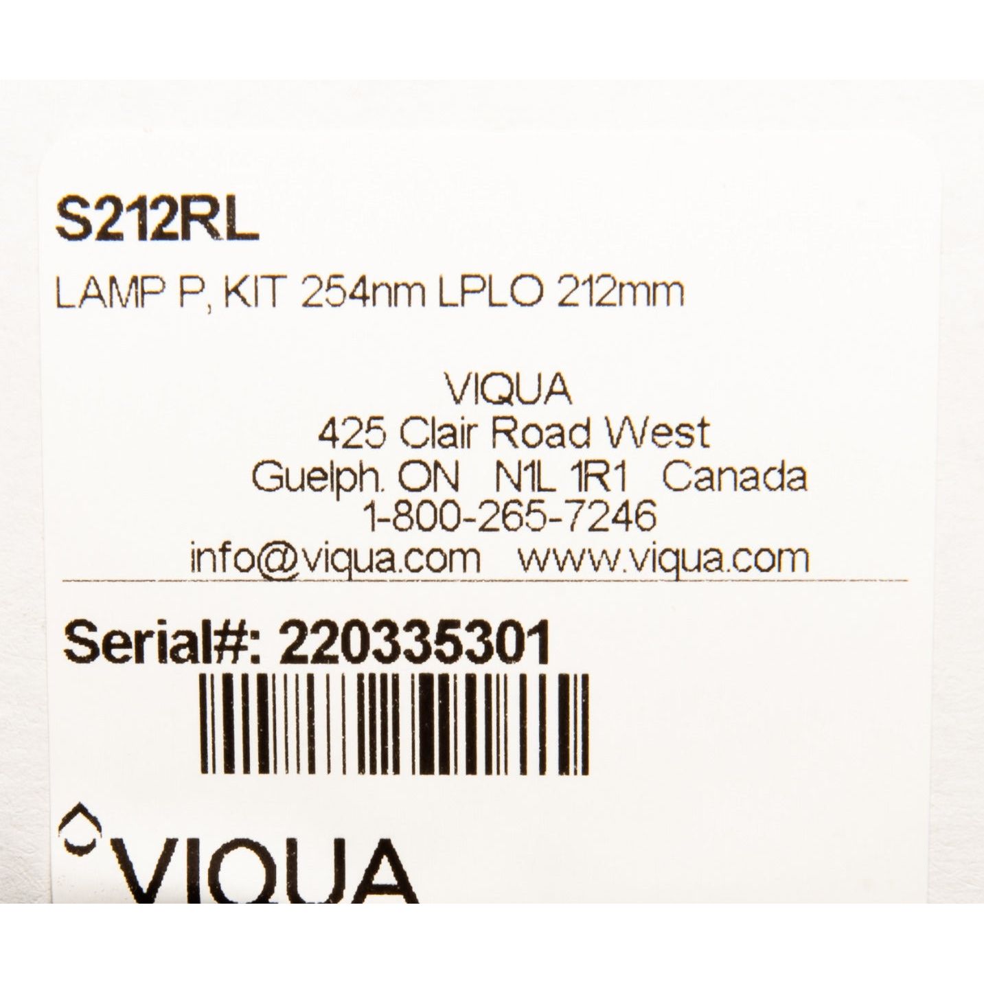 S212RL Viqua Water Disinfection System UV Lamp LABEL